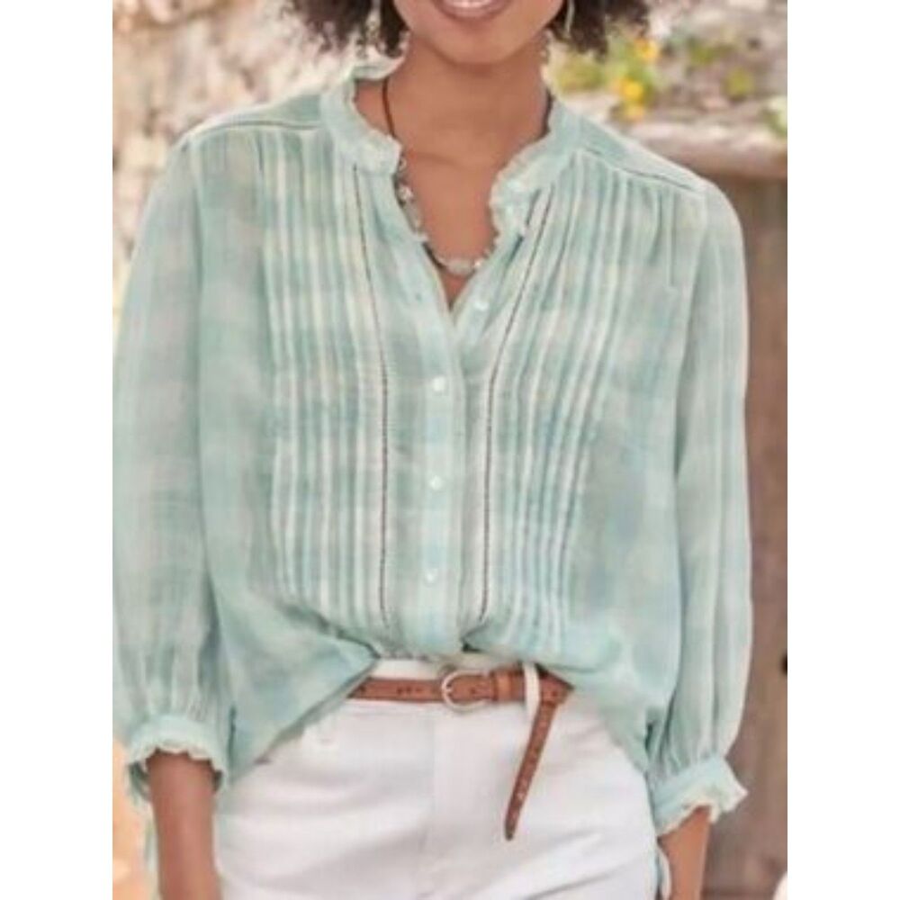 Sundance Cottagecore Gingham Pintuck Lace Cotton Blouse Tie Sleeve Top Size PS